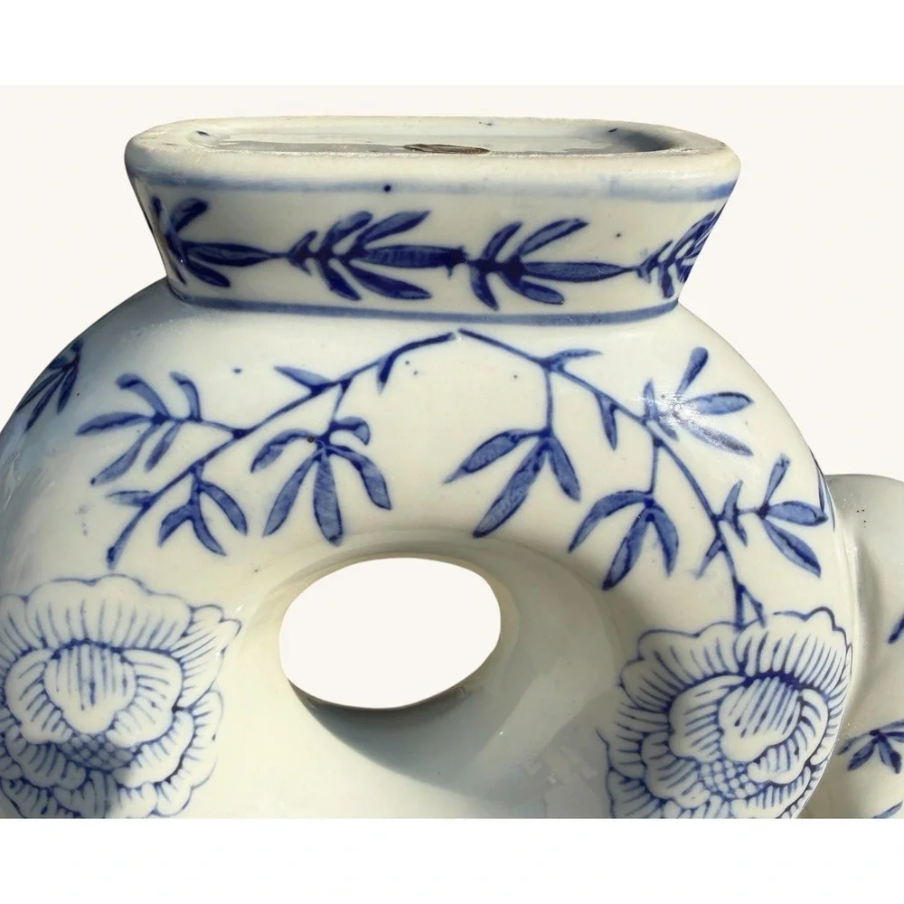 Vintage Blue White Chinese Donut Teapot Dragon Handle Chinoiserie Ring Pot 7